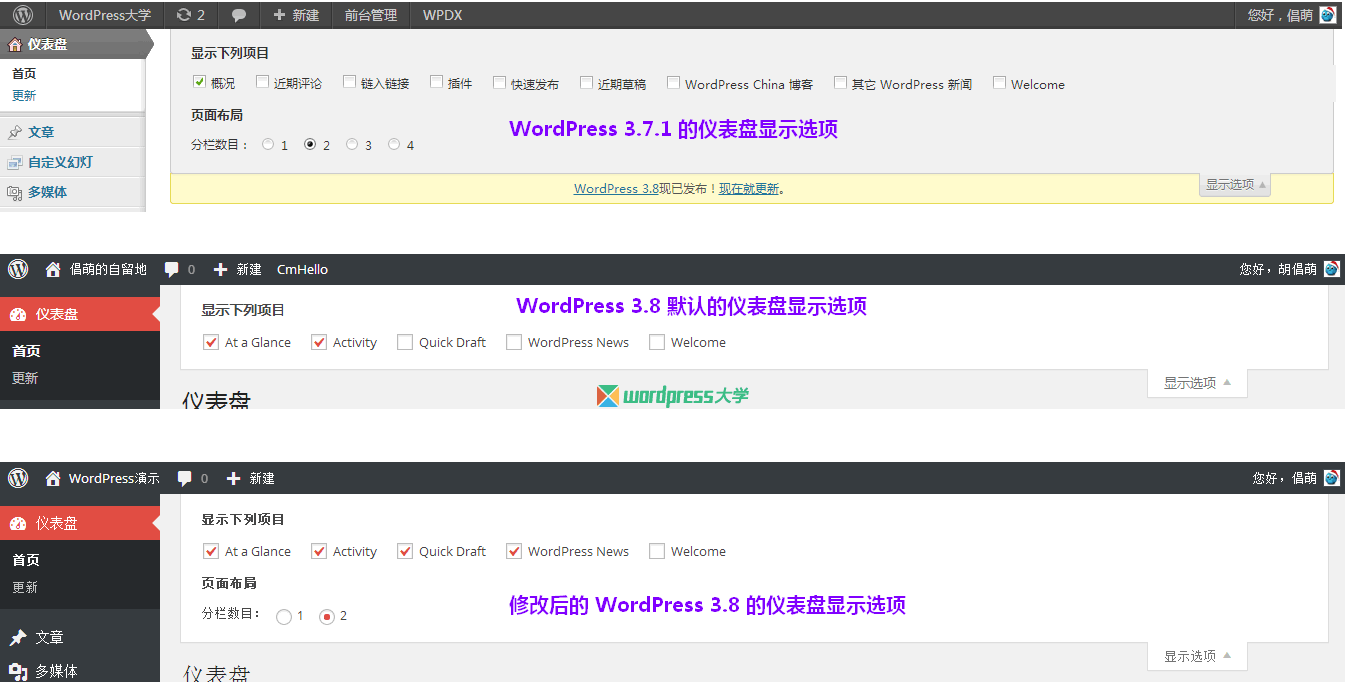 将 WordPress 3.8 仪表盘设置为单栏布局
