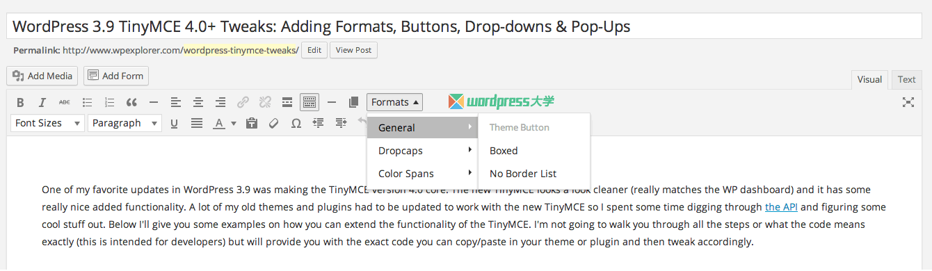 WordPress 3.9+ TinyMCE 4 增强：添加样式、按钮、字体、下拉菜单和弹出式窗口