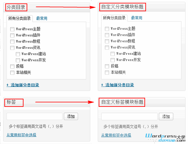 WordPress自定义文章编辑页面的分类和标签Meta模块标题