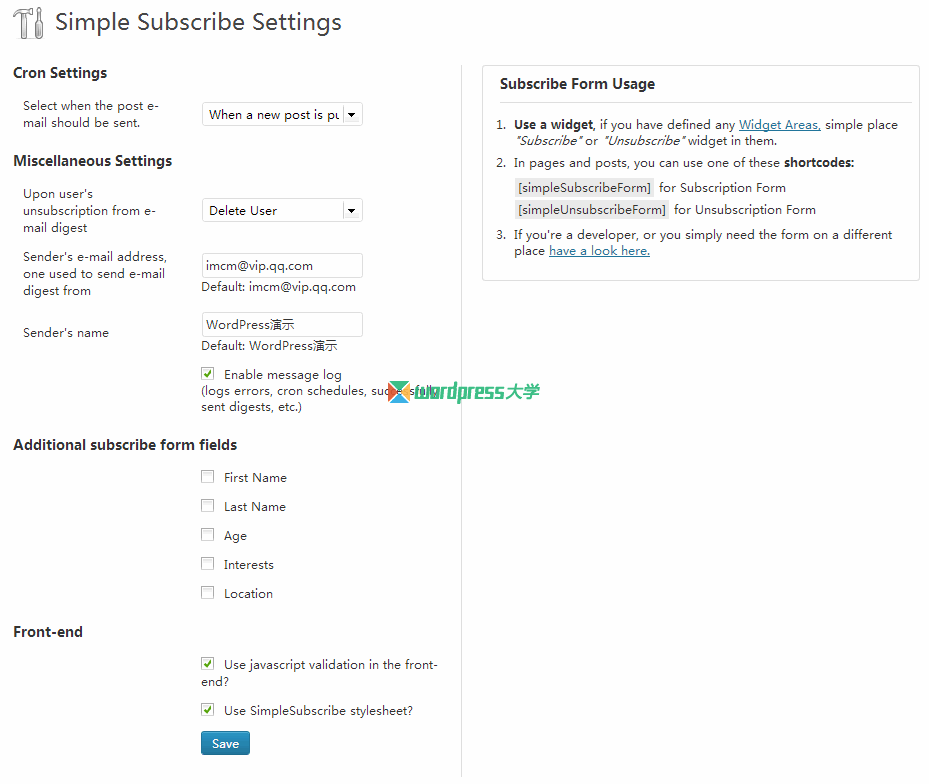WordPress 添加用户邮件订阅 Simple Subscribe