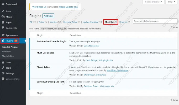 在仪表板中查看WordPress mu插件