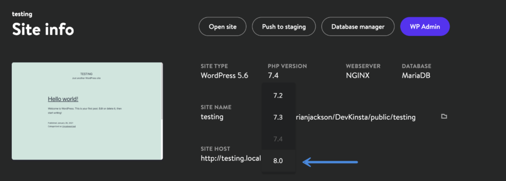 DevKinsta更改PHP版本