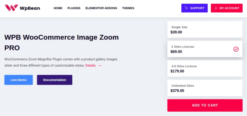 使用 WPB WooCommerce Image Zoom PRO 插件，可以在产品图像上悬停时激活产品图像缩放，单击即可在全屏灯箱中展示图像，还可以让您进行 360 度产品图像旋转。