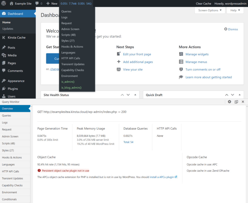 Query Monitor 提供的所有功能和信息都包含在此覆盖窗口中。