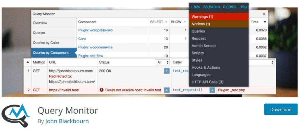 Query Monitor是一个 100% 免费的插件，可帮助您调试 WordPress 网站的性能和开发。