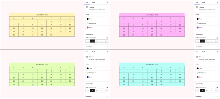 日历块的四张 2 x 2 网格屏幕截图，每一张都使用不同的背景颜色