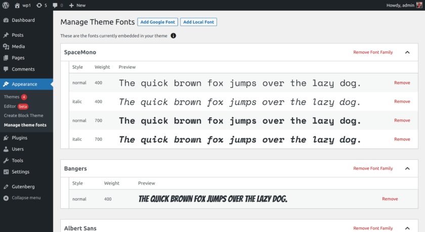 Gutenberg 的“字体库”路线图将为用户提供注册和管理 Web 字体的界面 - Create Block Theme Fonts 1