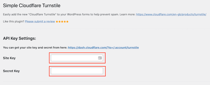 将 Cloudflare 密钥和站点密钥添加到 WordPress
