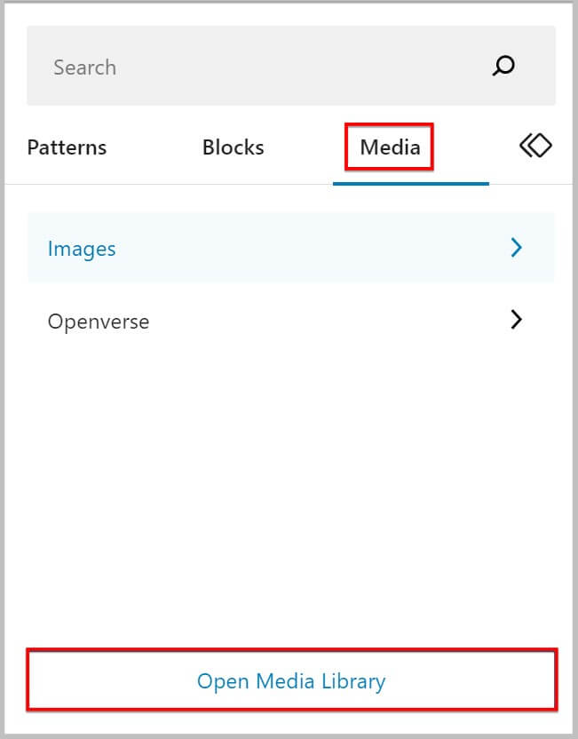 在 WordPress 6.2 BETA 中使用 Block Inserter 打开媒体库