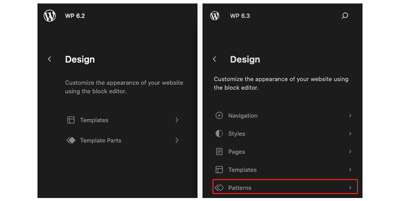 比较 WordPress 6.2 和 6.3 中的网站编辑器导航