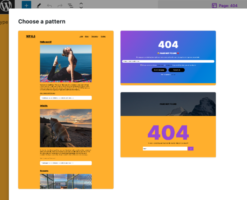 显示 404 页面模板的“选择模式”模式窗口，其中包含两个新添加的起始模式