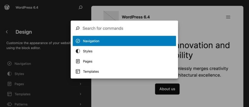 WordPress 6.4 中的命令面板