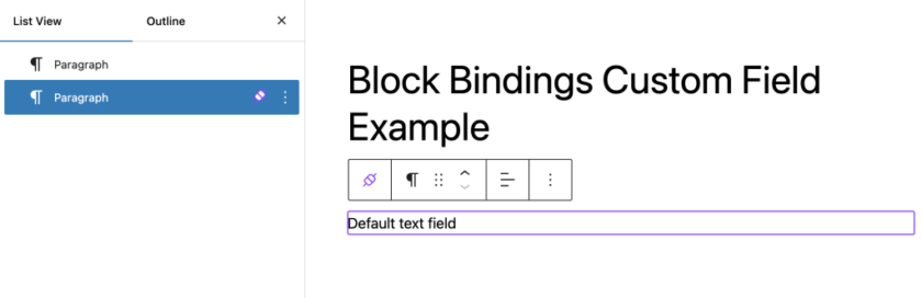 古腾堡编辑器的截图； 选择一个段落，块工具栏中有图标，段落周围有紫色轮廓，声明该块已绑定。