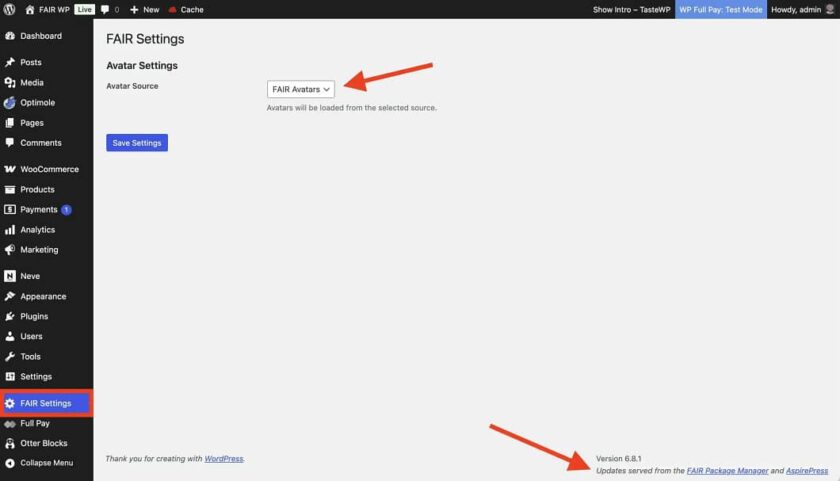 wp admin 中的 FAIR 插件设置