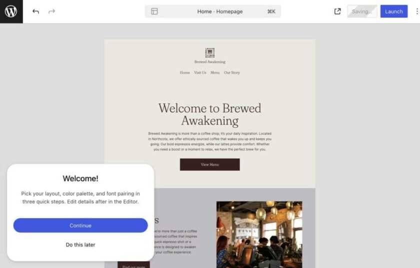 替代文本:“Brewed Awakening”咖啡店主页的网站编辑器。