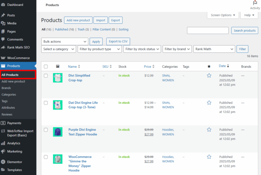 WordPress 仪表板显示了“所有产品”链接的查找位置