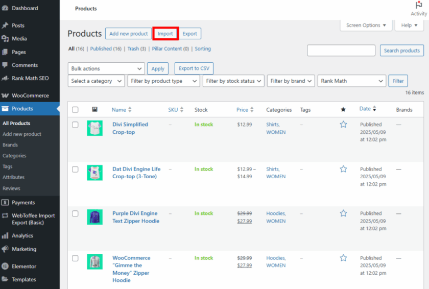 WordPress 仪表板显示 WooCommerce 产品列表和导入按钮