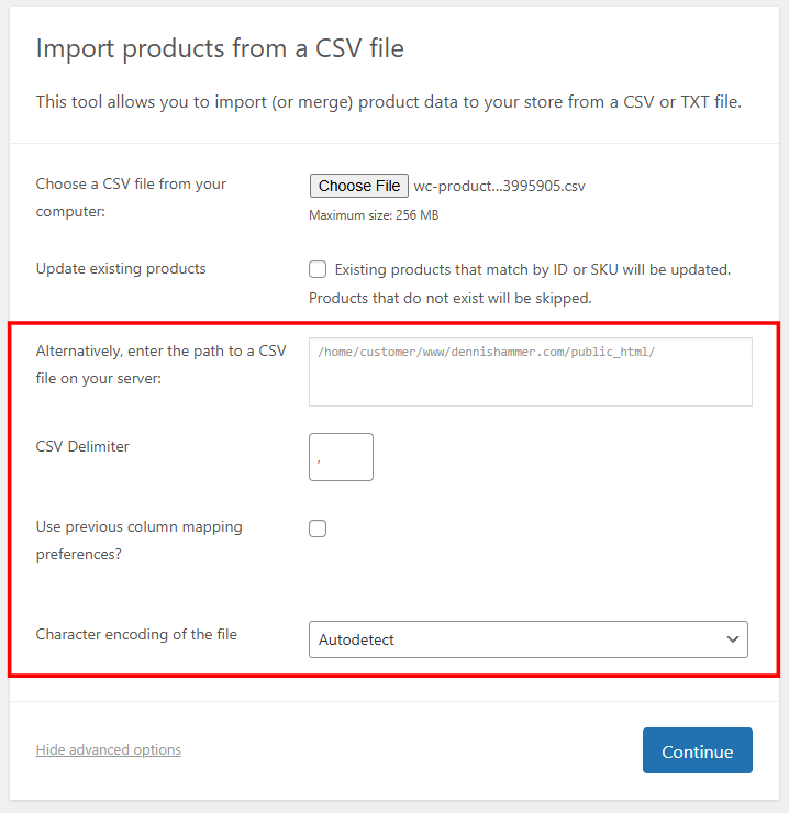WooCommerce 导入工具的高级选项