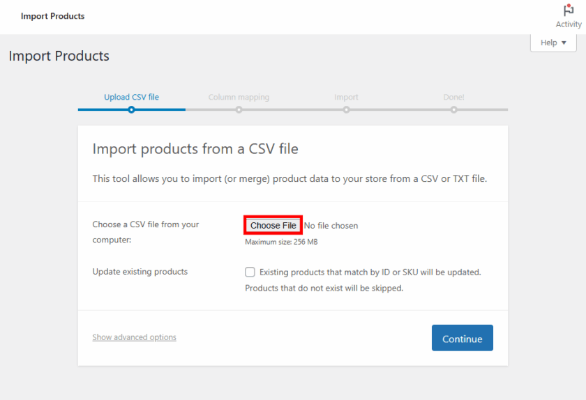 WooCommerce 导入工具显示在哪里选择您的 CSV 文件