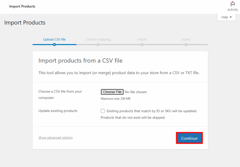 选择 CSV 文件后,WooCommerce 导入工具的“继续”按钮
