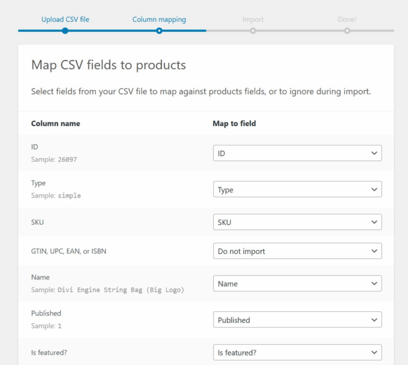 WooCommerce 导入工具屏幕,您可以在其中将字段映射到 CSV 中的列