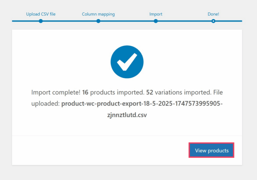 WooCommerce 导入成功后的完成屏幕