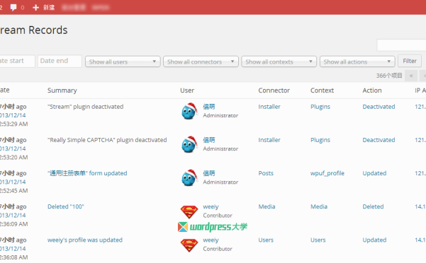 WordPress 统计用户活动记录 Stream