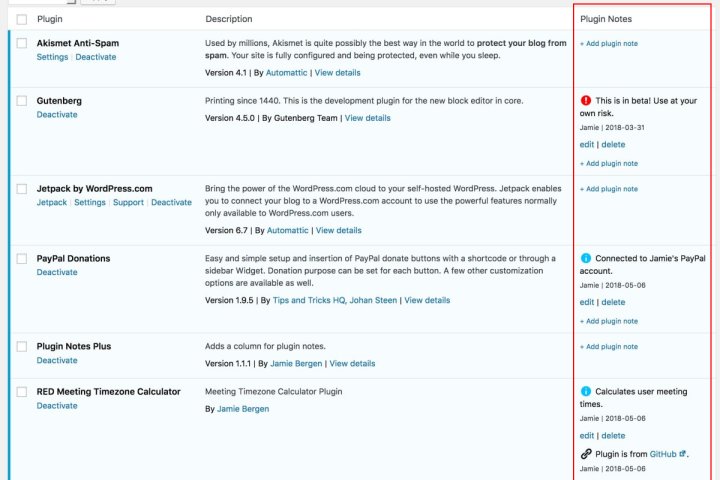 Plugin Notes Plus：在 WordPress 后台插件列表添加注释 – WordPress大学